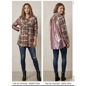 The Nu Vintage Women’s Plaid Shirt Sequins Western Boho Distressed Bleached M